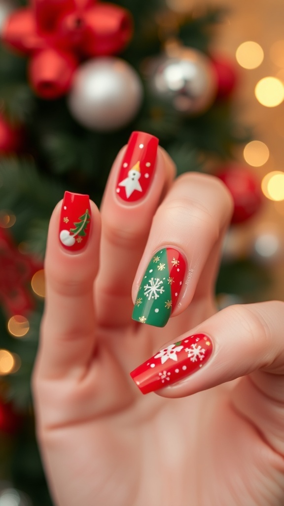 Short Christmas nails with red, green, and white designs featuring snowflakes and gold accents.